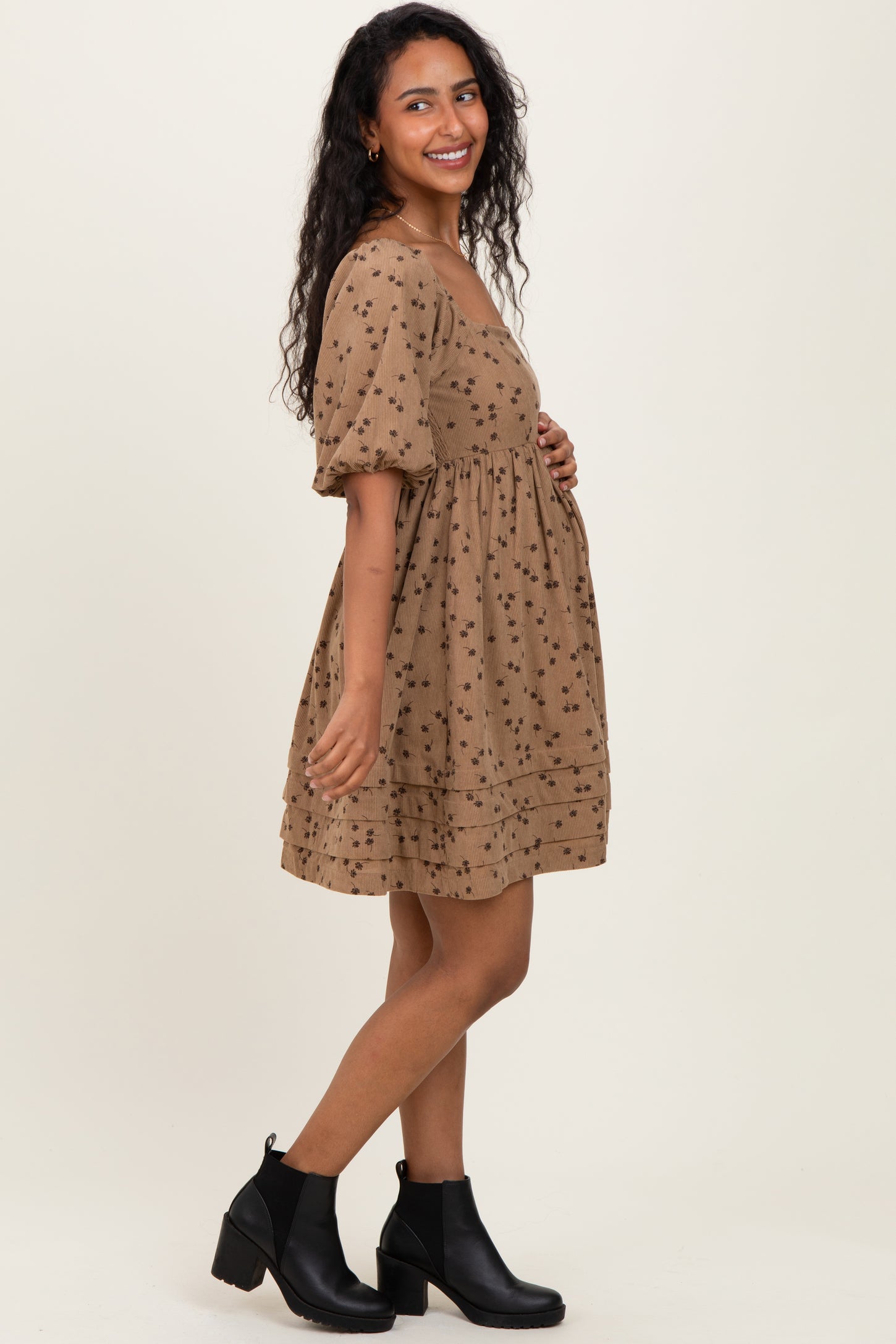 Taupe Floral Corduroy Puff Sleeve Babydoll Mini Maternity Dress