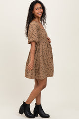 Taupe Floral Corduroy Puff Sleeve Babydoll Mini Maternity Dress