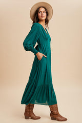 Evergreen Swiss Dot Button Down Maxi Dress