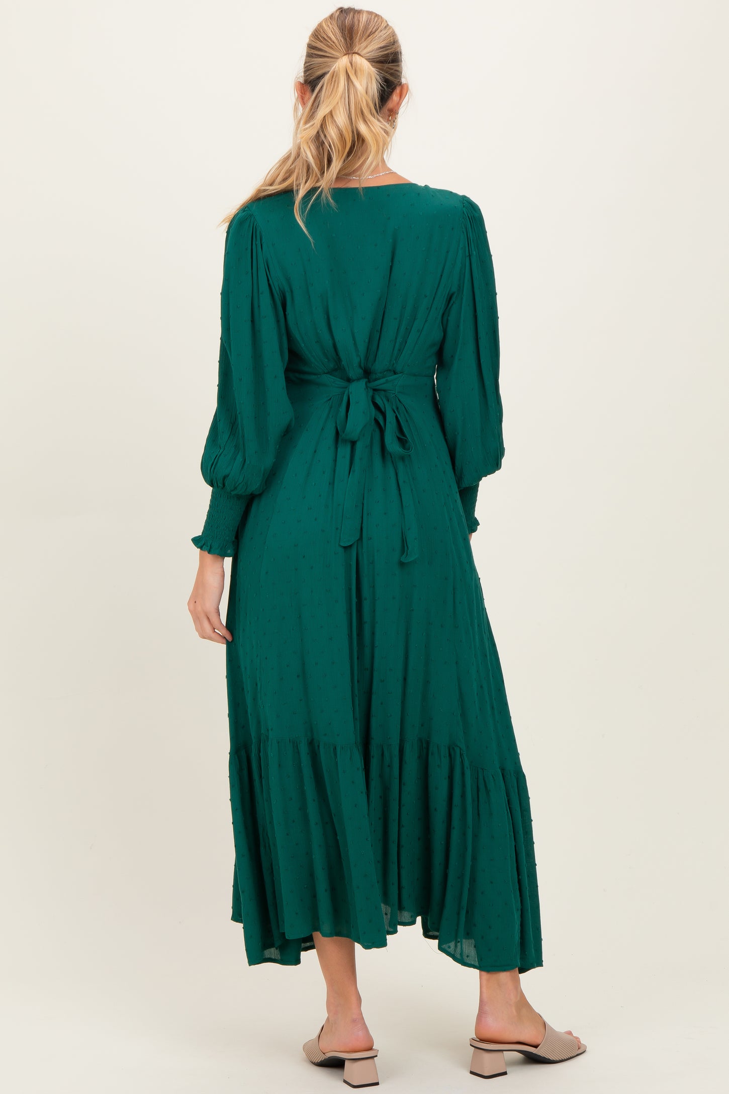 Evergreen Swiss Dot Button Down Maternity Maxi Dress