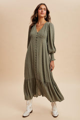 Dusty Olive Swiss Dot Button Down Maxi Dress