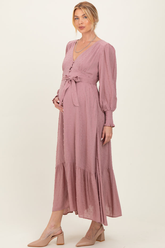 Rose Swiss Dot Button Down Maternity Maxi Dress