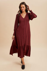 Burgundy Swiss Dot Button Down Maxi Dress