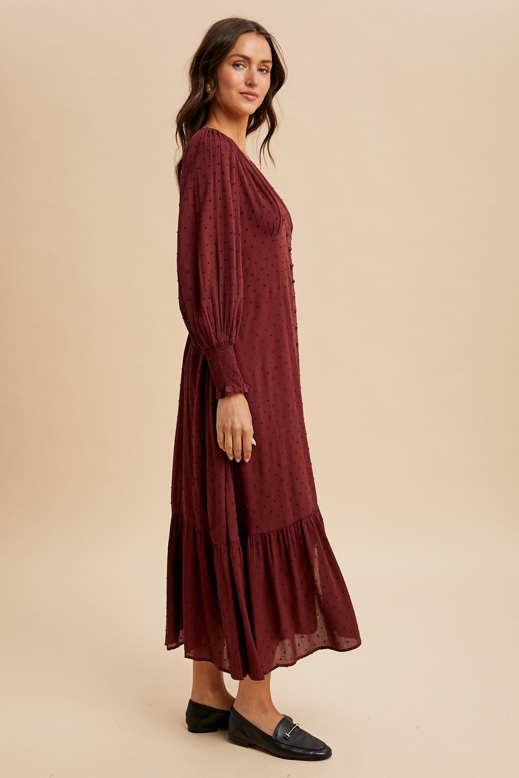Burgundy Swiss Dot Button Down Maxi Dress