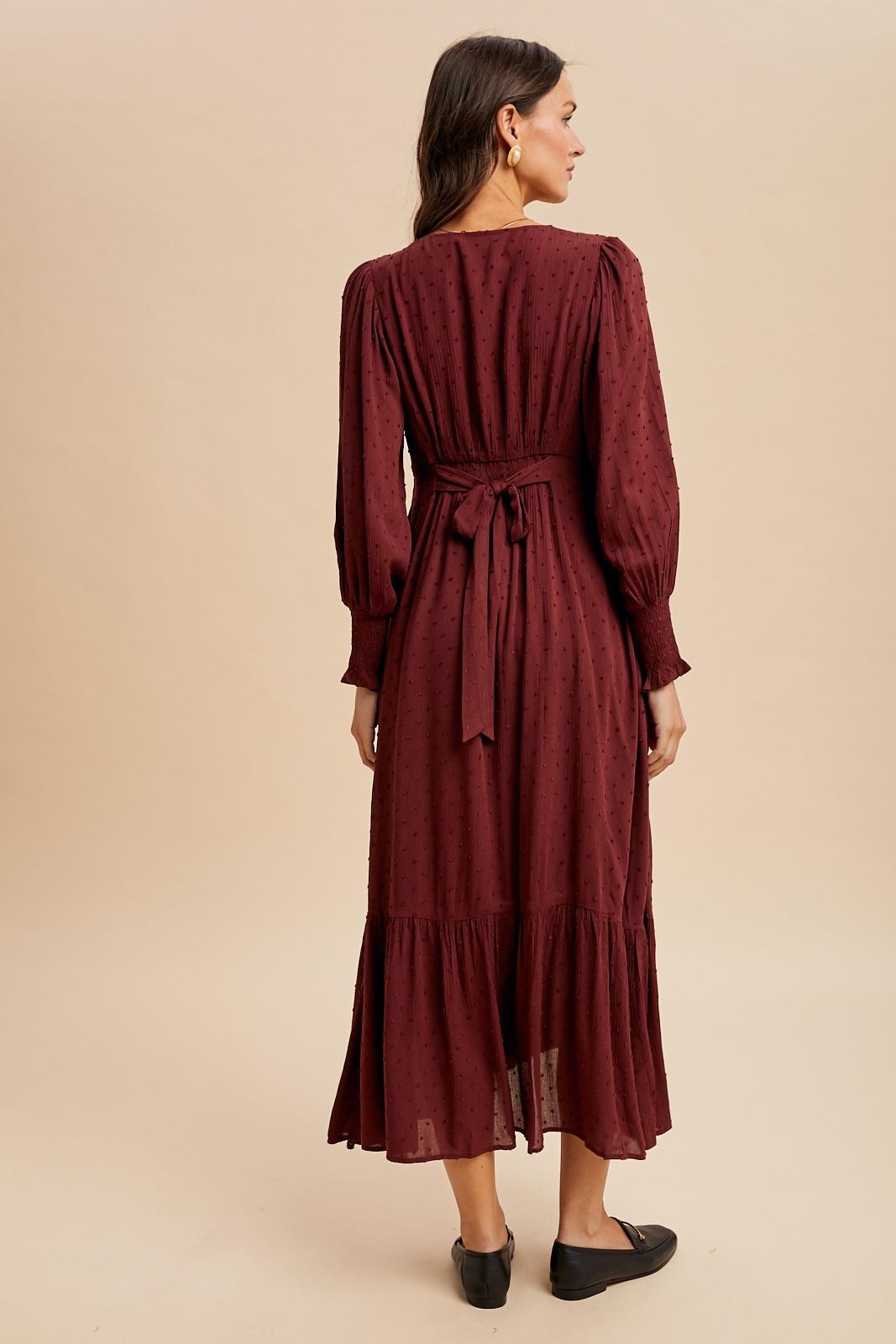 Burgundy Swiss Dot Button Down Maxi Dress