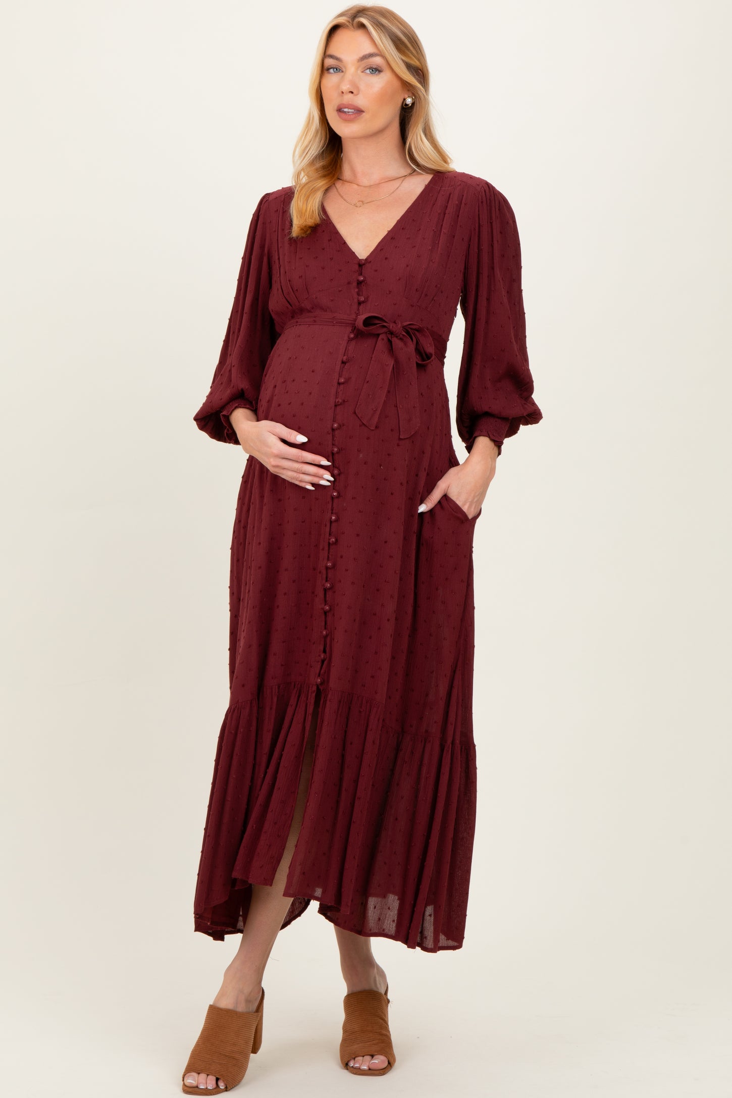 Burgundy Swiss Dot Button Down Maternity Maxi Dress