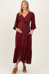 Burgundy Swiss Dot Button Down Maternity Maxi Dress