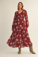 Burgundy Smocked Floral Maternity Midi Dress