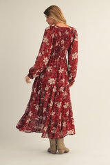 Burgundy Smocked Floral Midi Dress