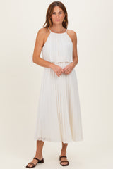 Cream Pleated Woven Midi Dress