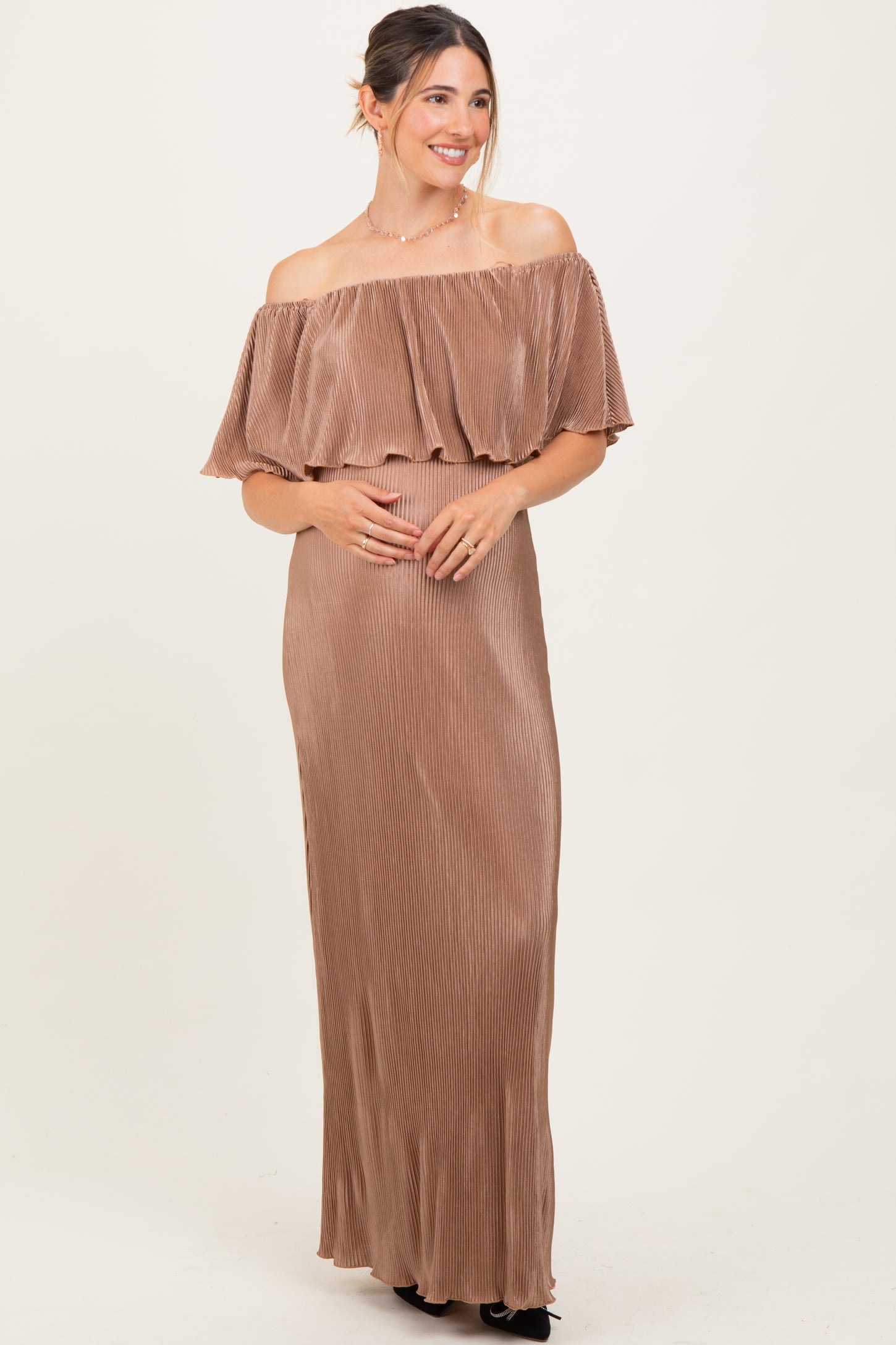 Mocha Pleated Ruffle Off Shoulder Maternity Maxi Dress
