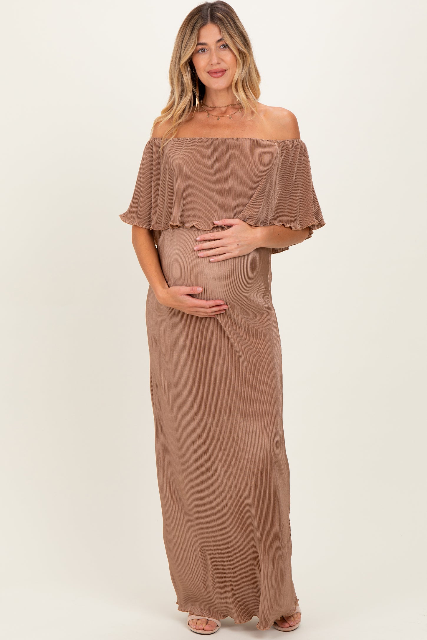 Mocha Pleated Ruffle Off Shoulder Maternity Maxi Dress