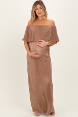 Mocha Pleated Ruffle Off Shoulder Maternity Maxi Dress