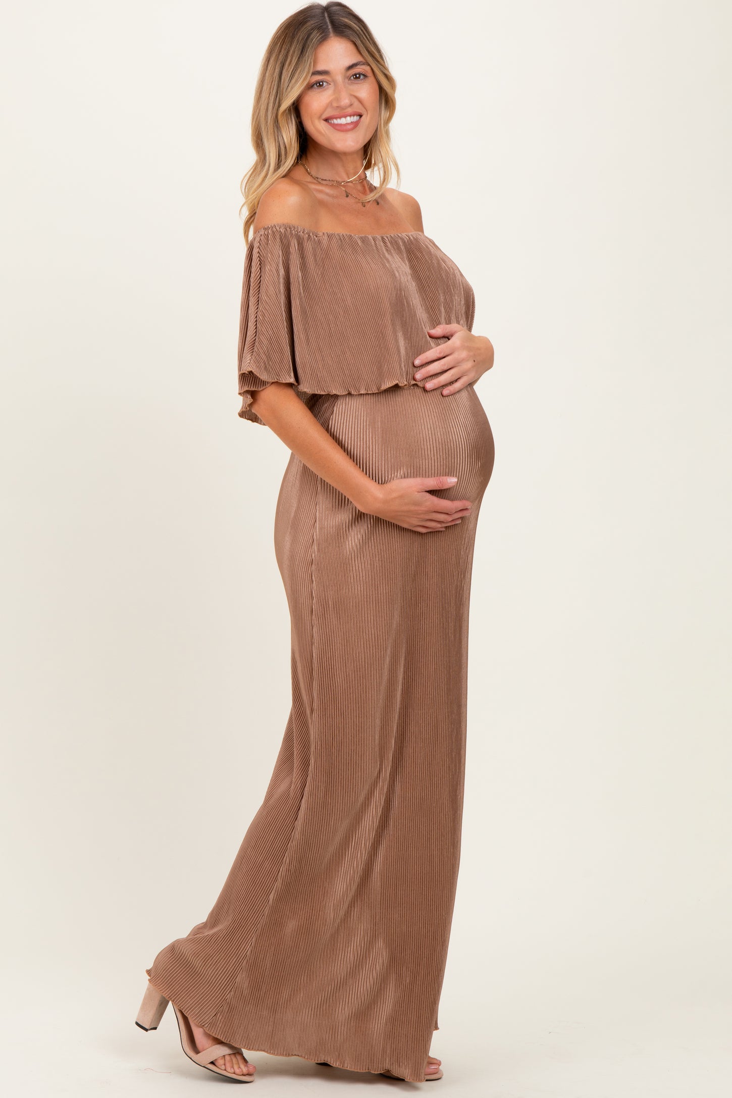 Mocha Pleated Ruffle Off Shoulder Maternity Maxi Dress