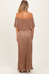 Mocha Pleated Ruffle Off Shoulder Maternity Maxi Dress
