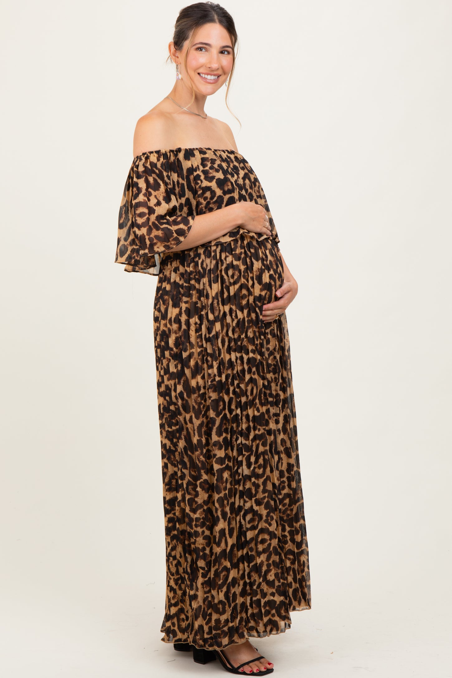 Leopard Print Pleated Ruffle Off Shoulder Maternity Maxi Dress