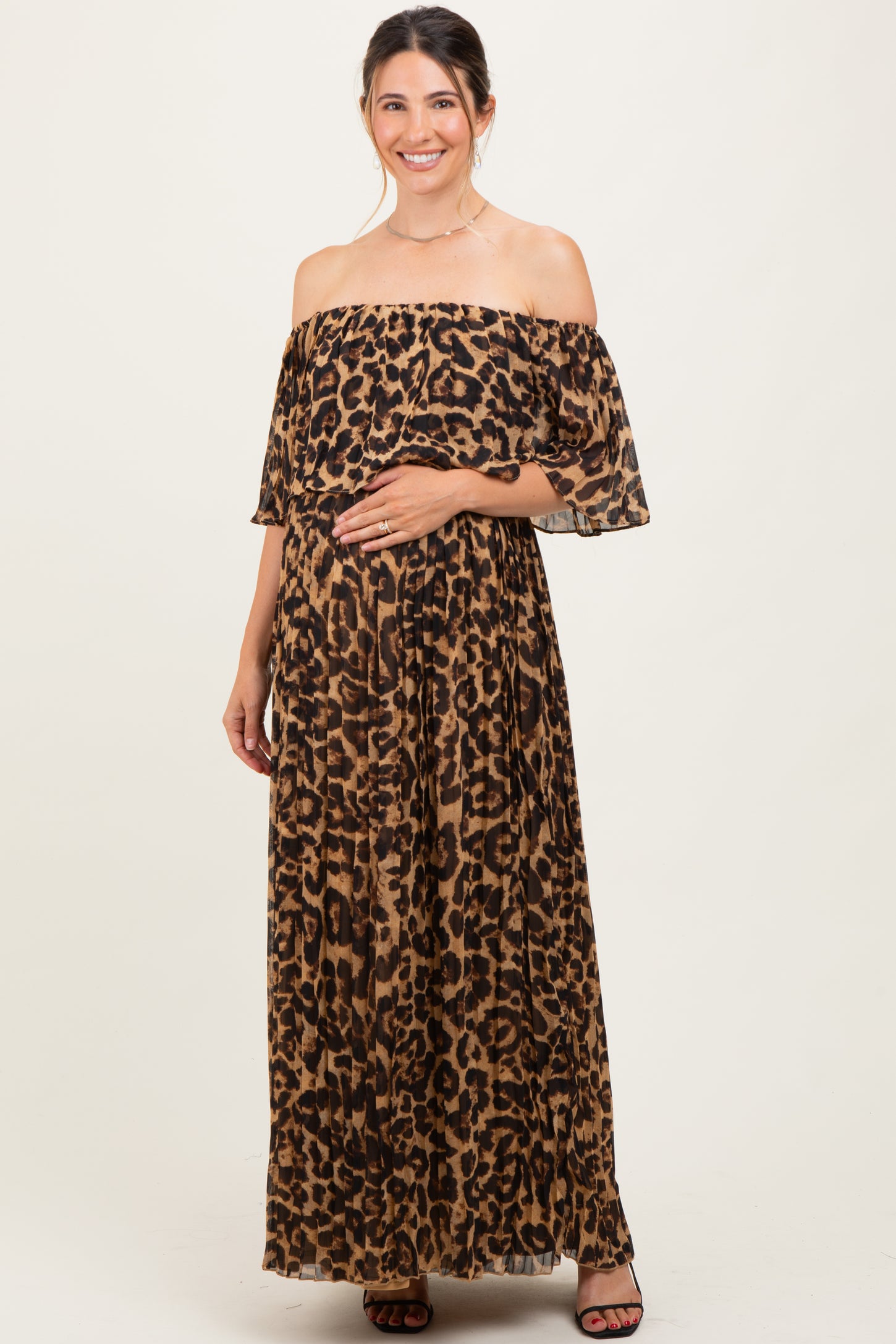 Leopard Print Pleated Ruffle Off Shoulder Maternity Maxi Dress