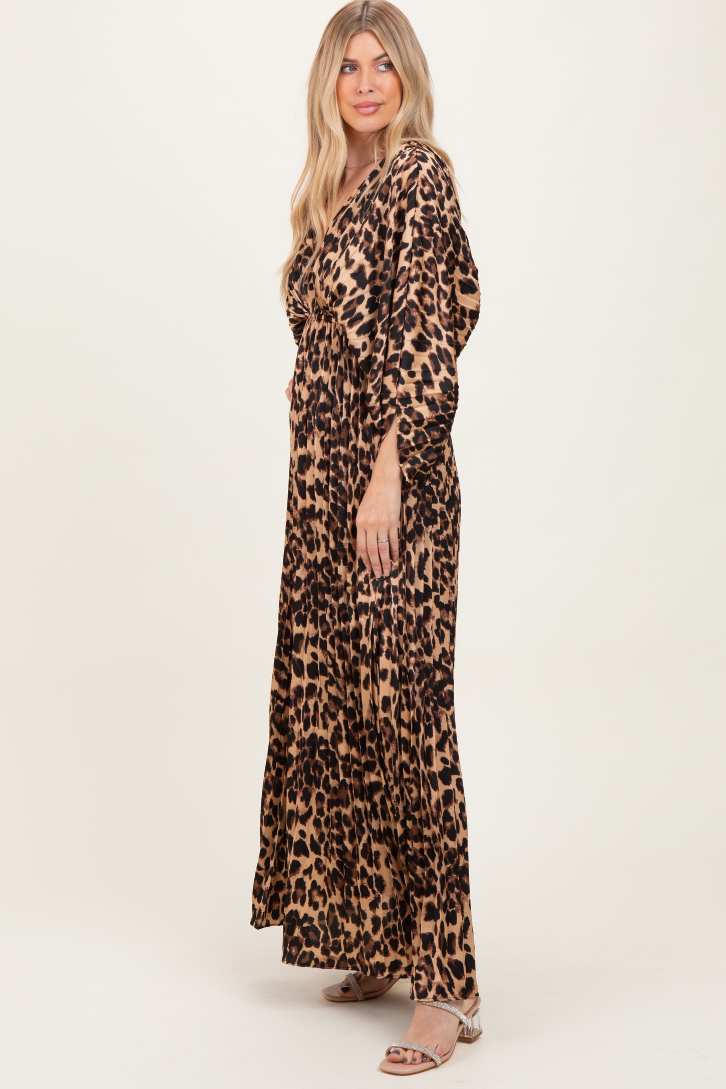 Leopard Pleated V Neck Satin Maxi Dress