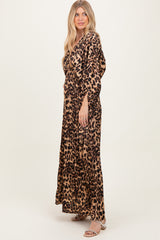 Leopard Pleated V Neck Satin Maxi Dress