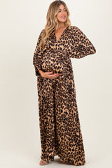 Leopard Pleated V Neck Satin Maternity Maxi Dress