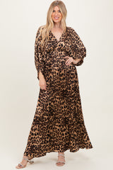 Leopard Pleated V Neck Satin Maxi Dress