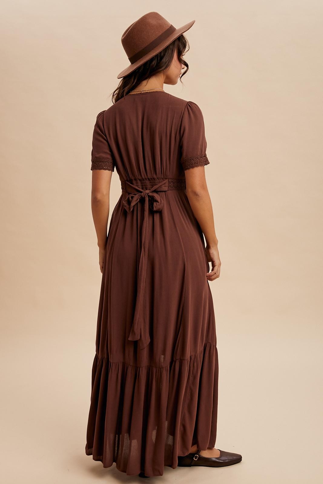 Brown Lace Trim Button Down Maxi Dress