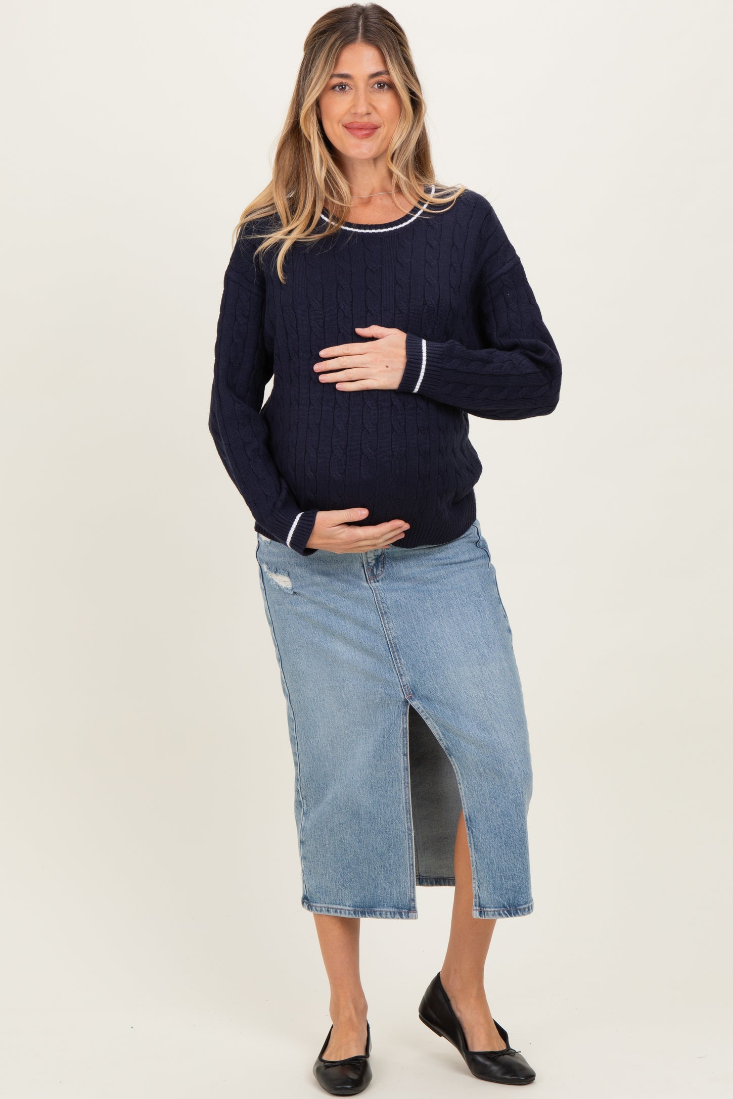 Navy Chunky Cable Knit Maternity Sweater