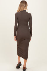Brown Turtle Neck Long Sleeve Rib Fitted Maternity Midi Dress