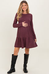 Burgundy Textured Rib Tiered Long Sleeve Maternity Dress