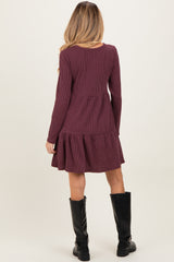 Burgundy Textured Rib Tiered Long Sleeve Maternity Dress