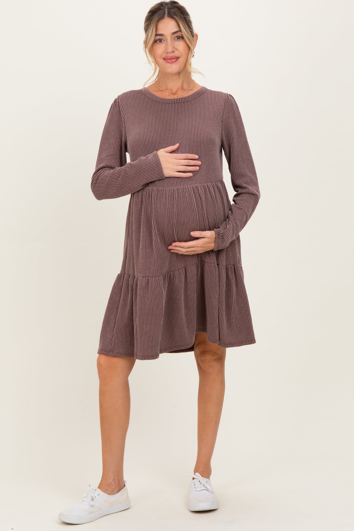 Brown Textured Rib Tiered Long Sleeve Maternity Dress