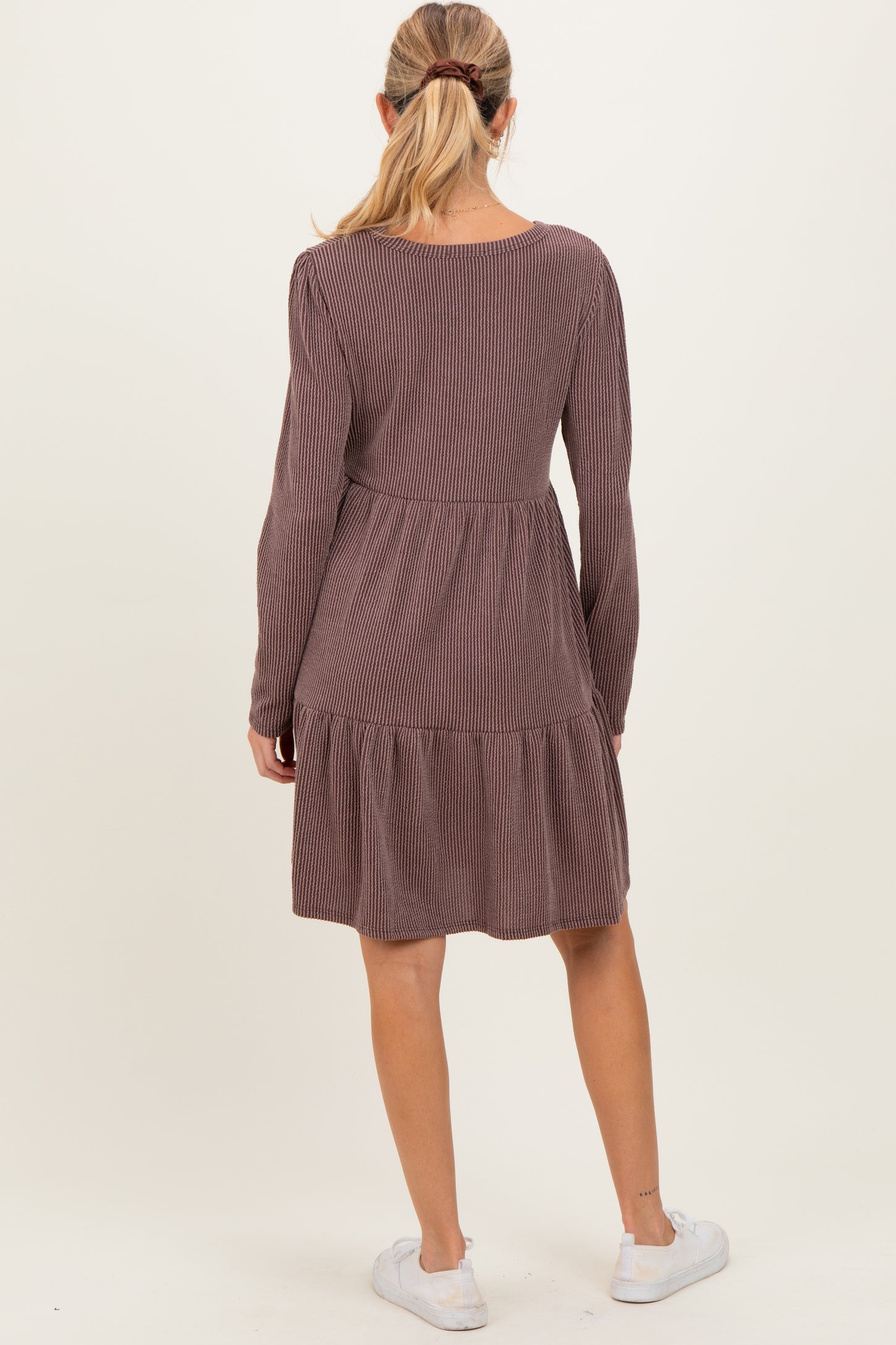 Brown Textured Rib Tiered Long Sleeve Maternity Dress