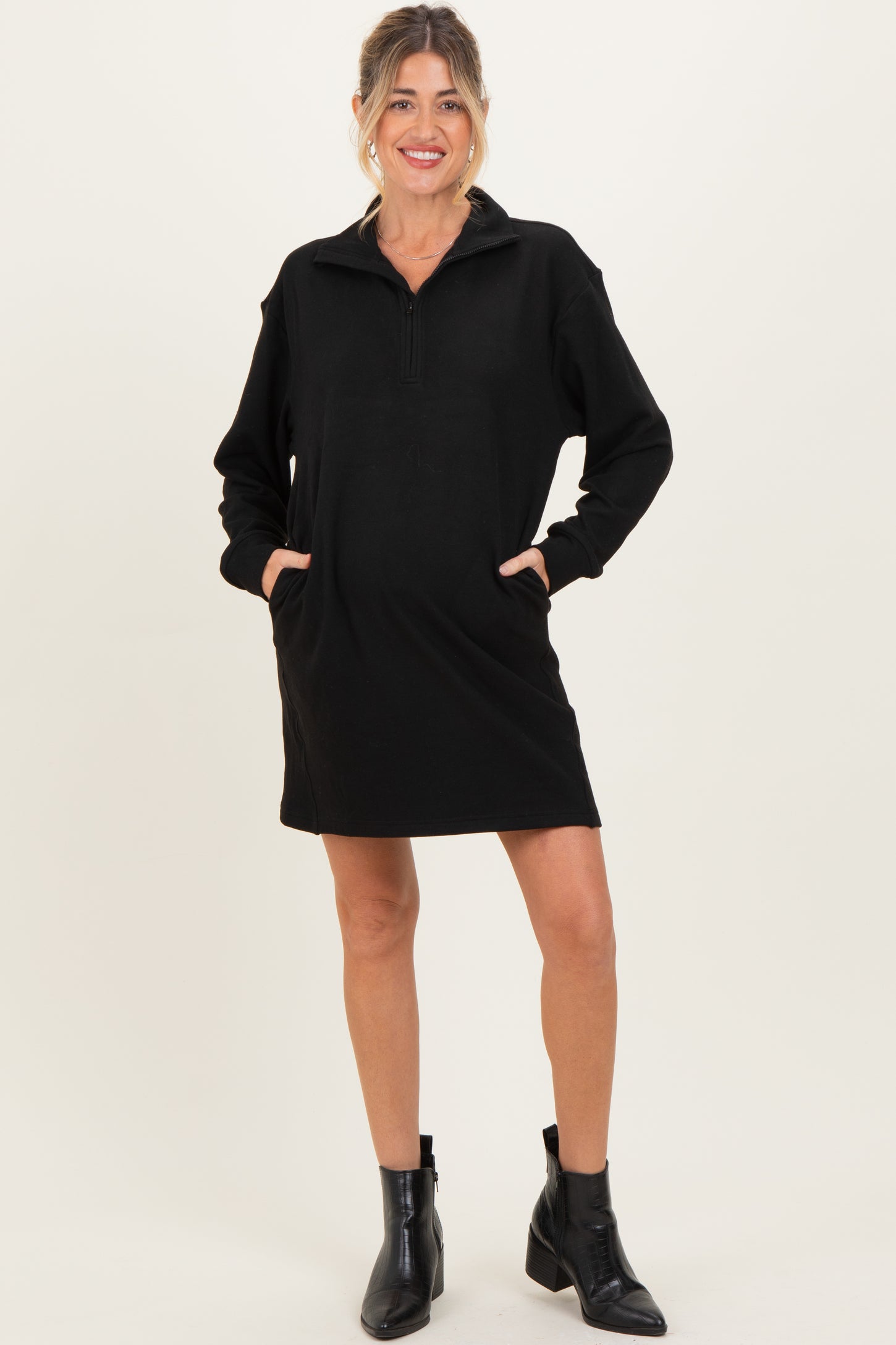 Black Brushed Quarter Zip Jersey Lounge Maternity Sweatshirt Dress