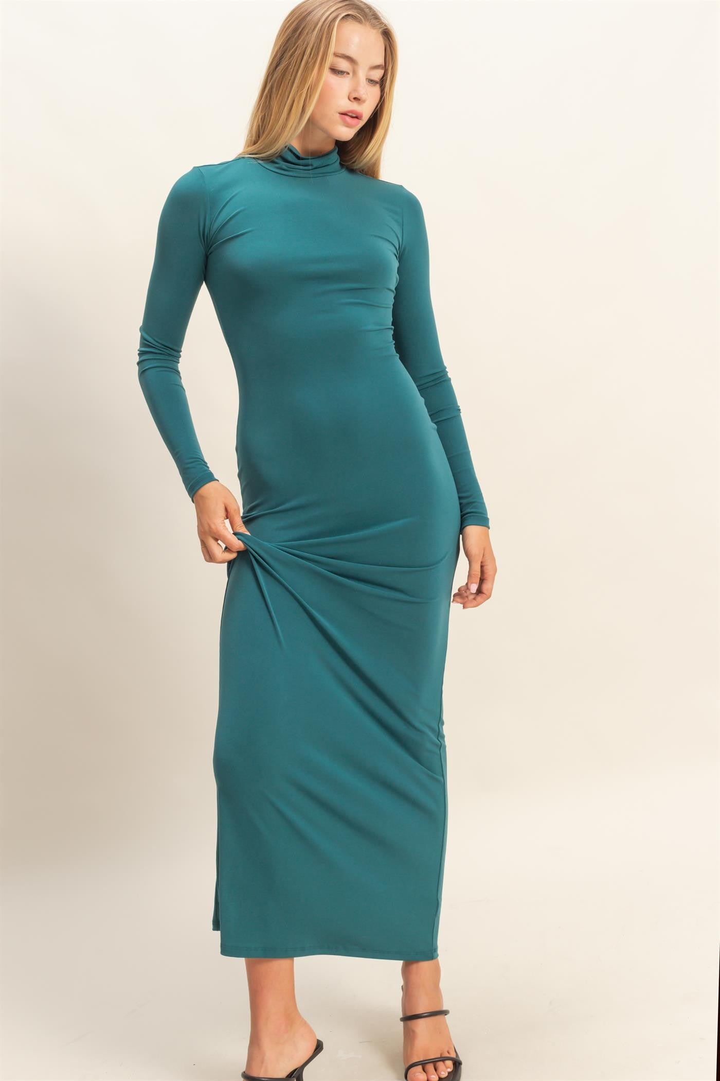 Green Turtleneck Long Sleeve Maxi Dress