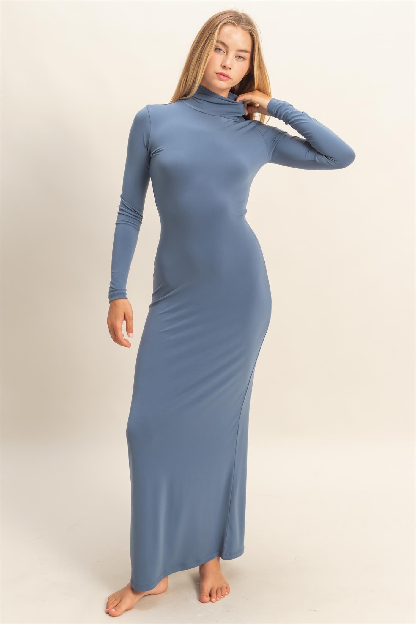 Blue Turtleneck Long Sleeve Maxi Dress