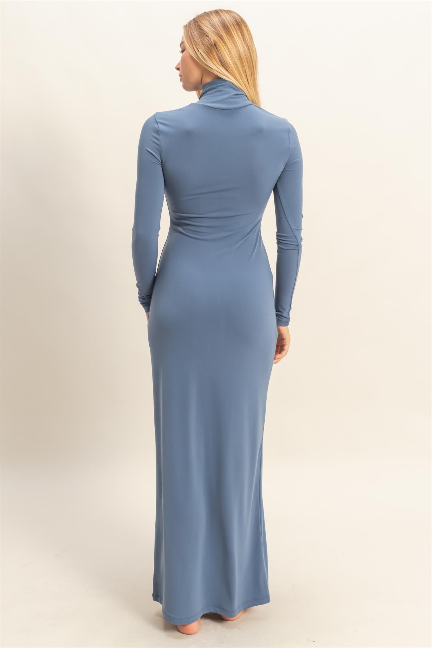Blue Turtleneck Long Sleeve Maxi Dress