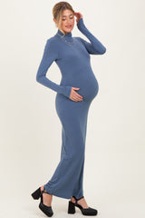 Blue Turtleneck Long Sleeve Maternity Maxi Dress