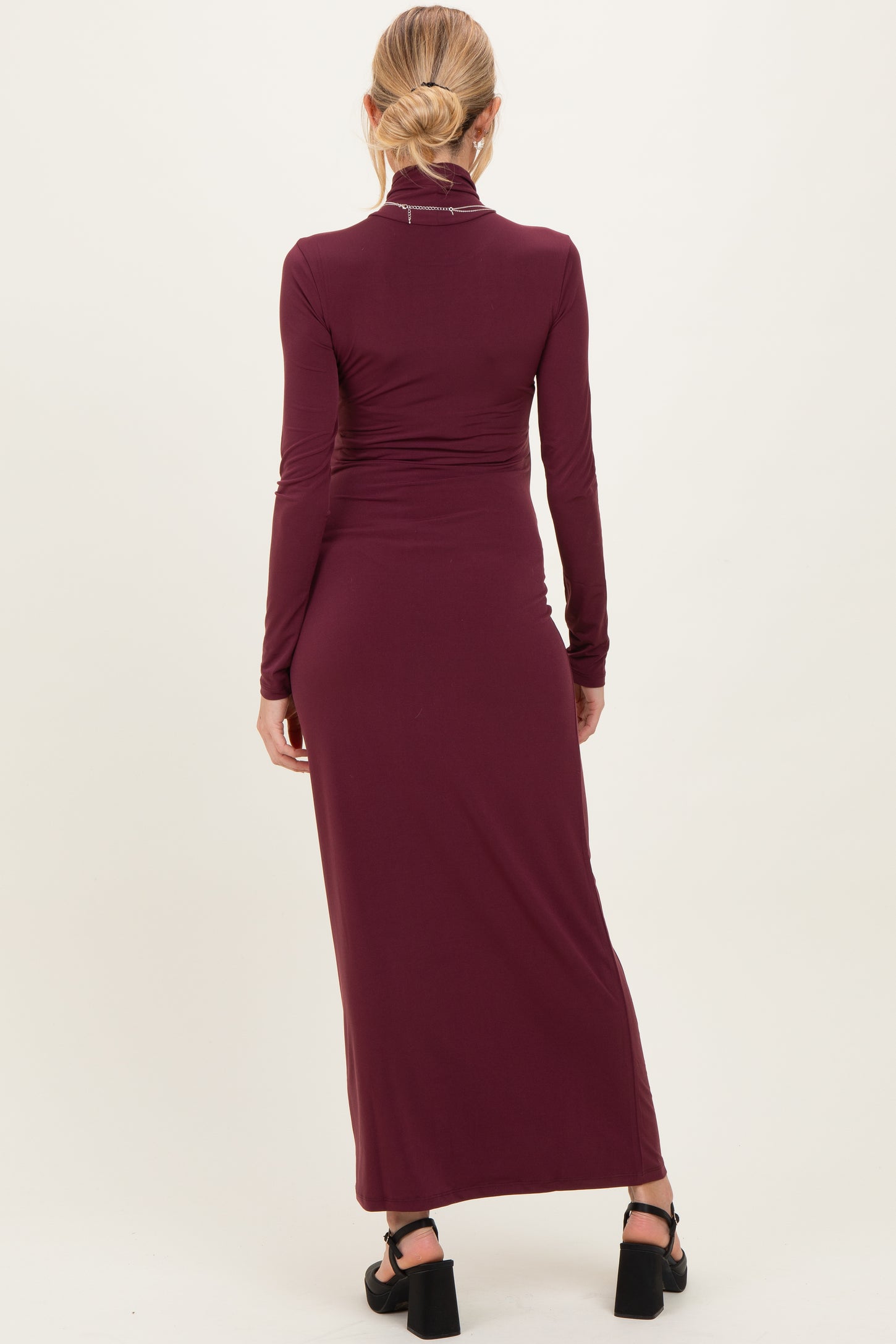 Burgundy Turtleneck Long Sleeve Maternity Maxi Dress