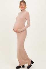 Beige Turtleneck Long Sleeve Maternity Maxi Dress
