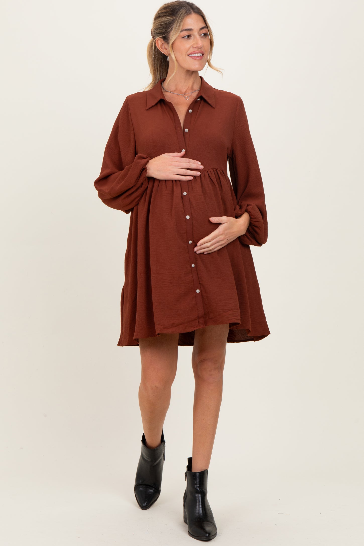 Brown Tiered Back Detail Button Down Maternity Dress