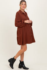 Brown Tiered Back Detail Button Down Maternity Dress