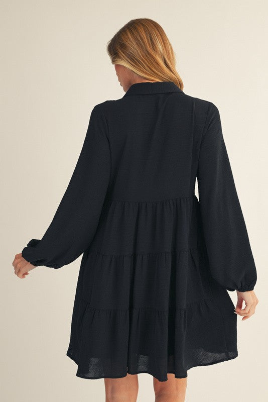 Black Tiered Back Detail Button Down Dress