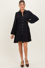 Black Tiered Back Detail Button Down Maternity Dress