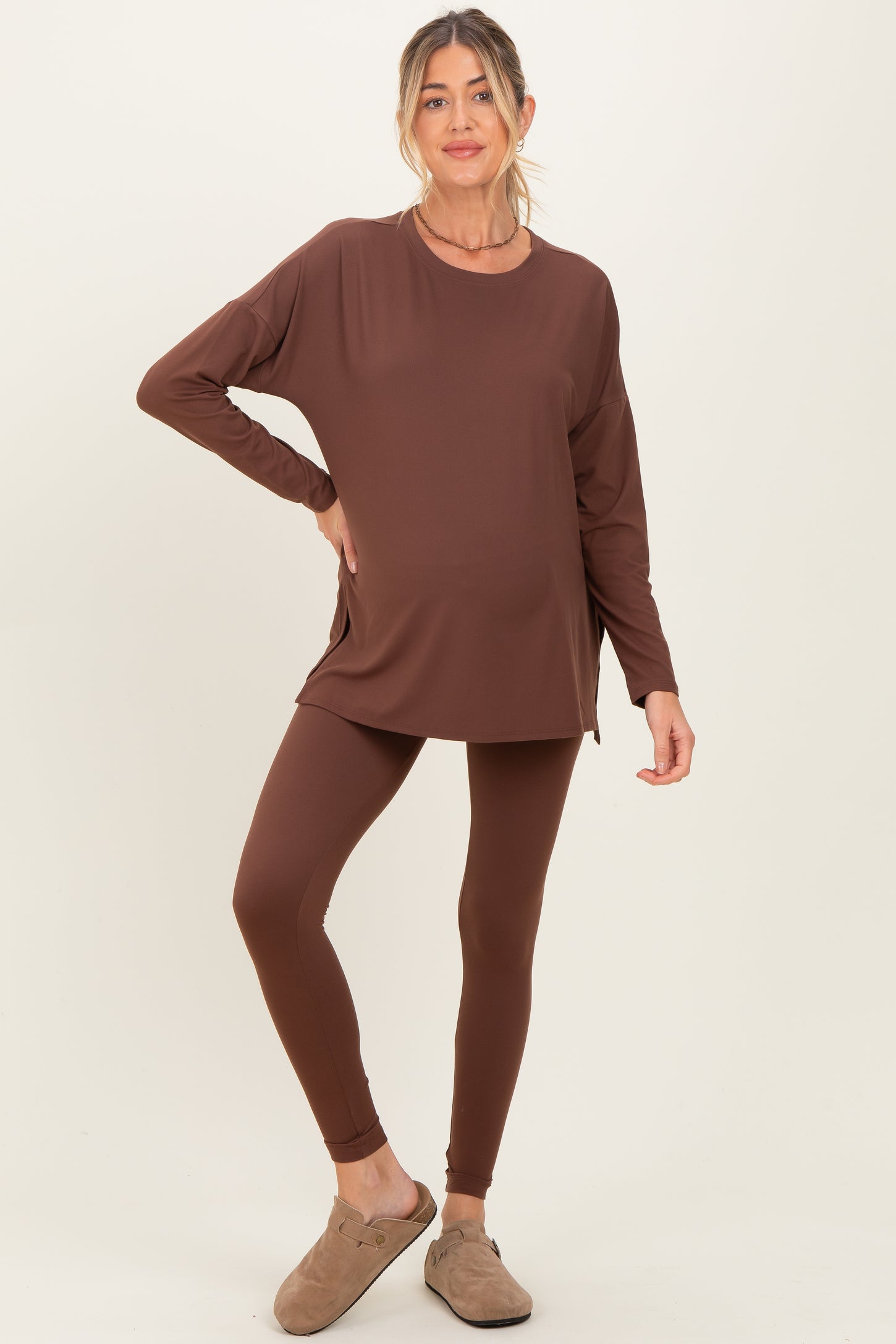 Brown Brushed Knit Maternity Oversized Top and Legging Set