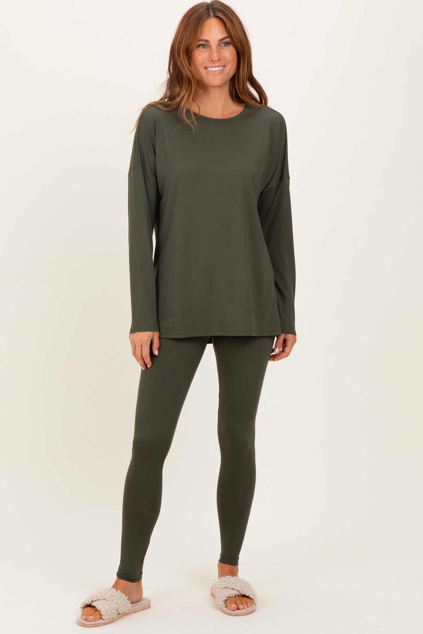 Olive Brushed Knit Maternity Oversized Top and Legging Set