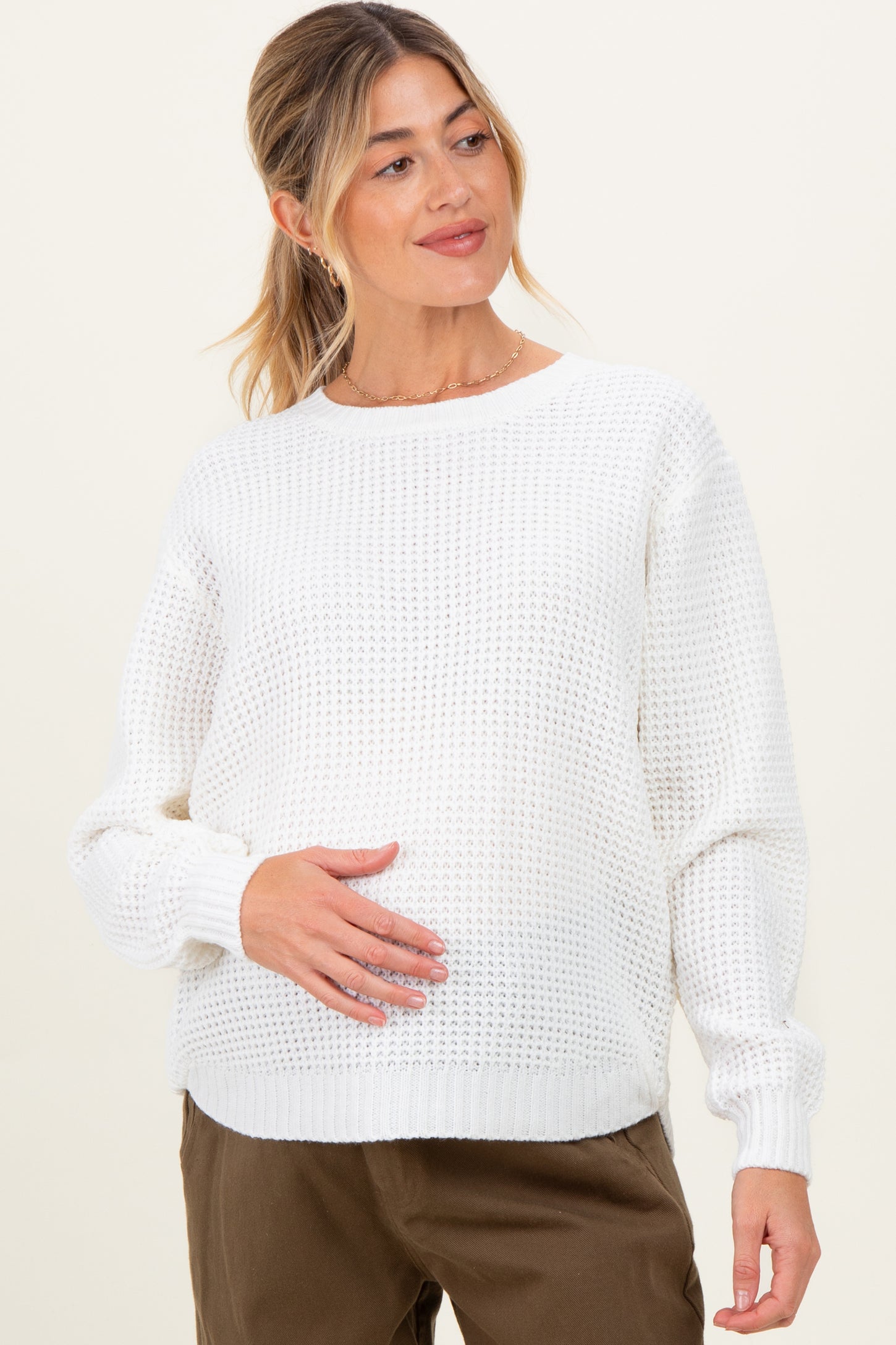 Ivory Waffle Knit Rounded Hem Maternity Sweater