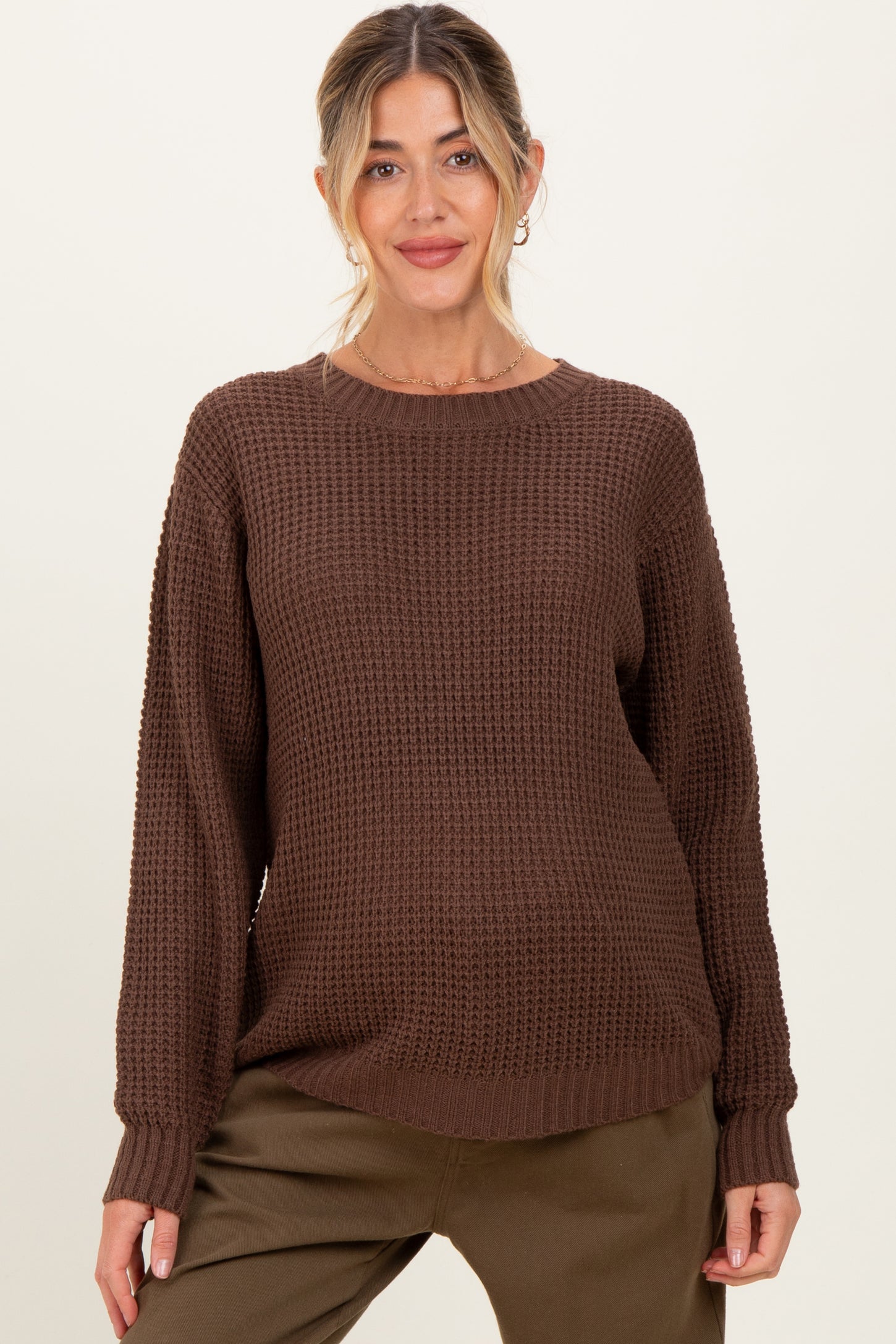 Dark Mocha Waffle Knit Rounded Hem Maternity Sweater