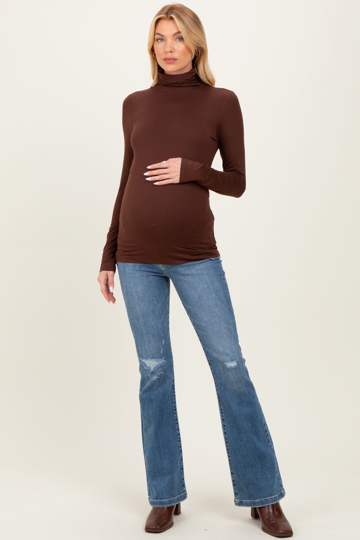Brown Brushed Knit Basic Turtleneck Maternity Top