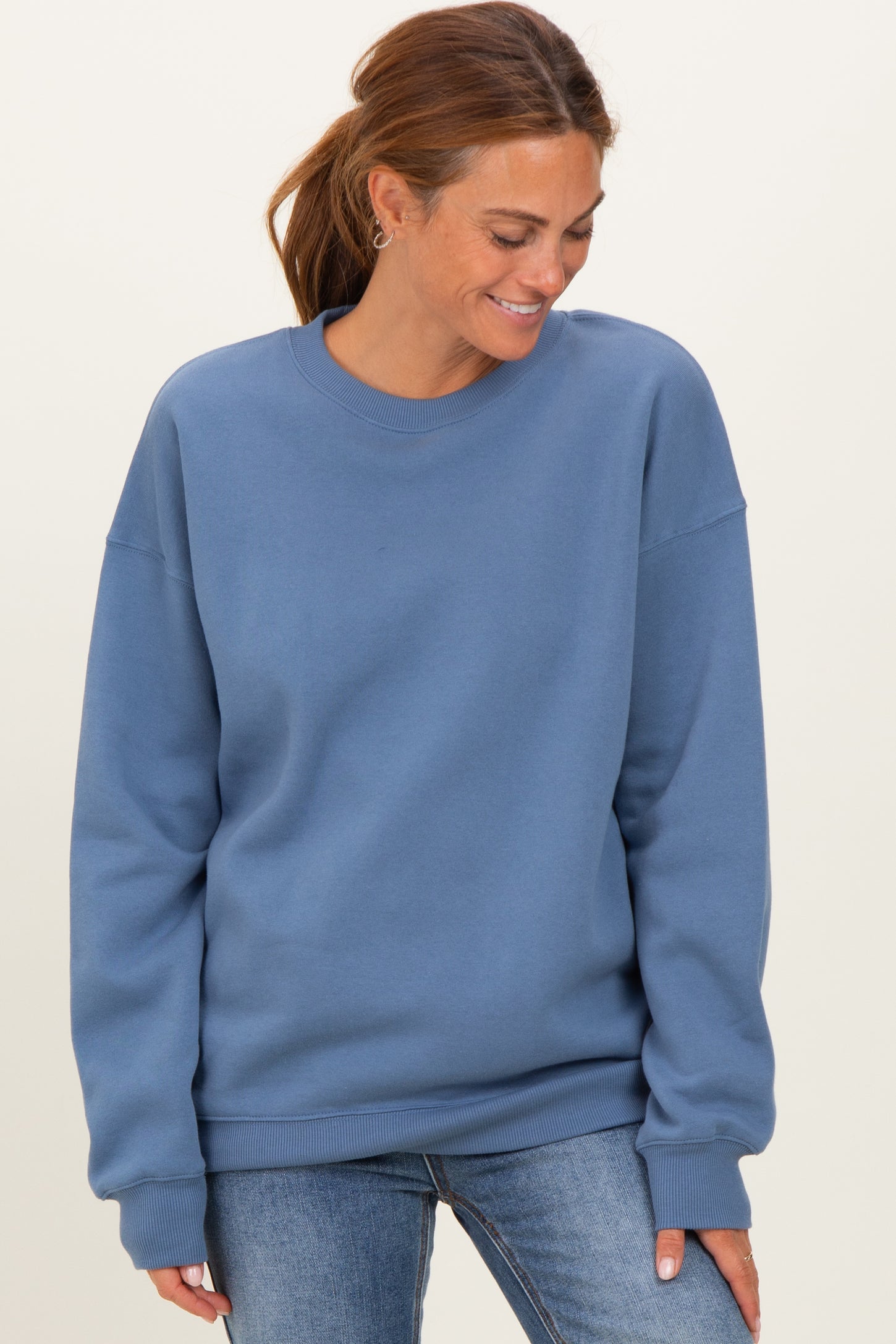 Dusty Blue Fleece Crew Neck Relaxed Fit Maternity Sweatshirt