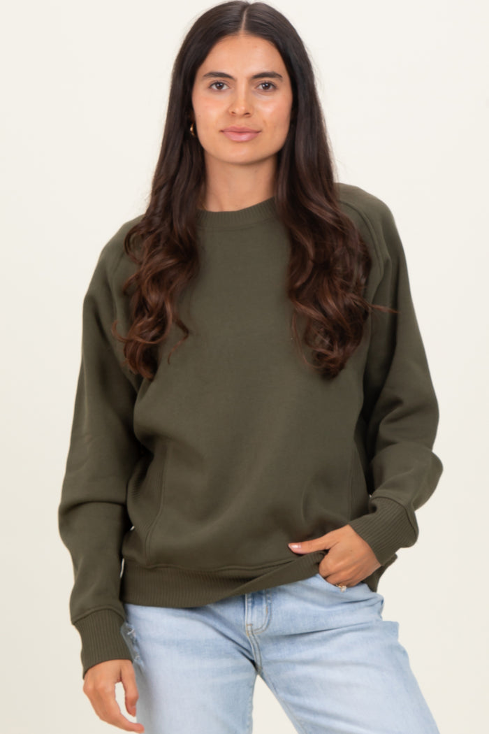 Dark Olive Fleece Maternity Sweatshirt